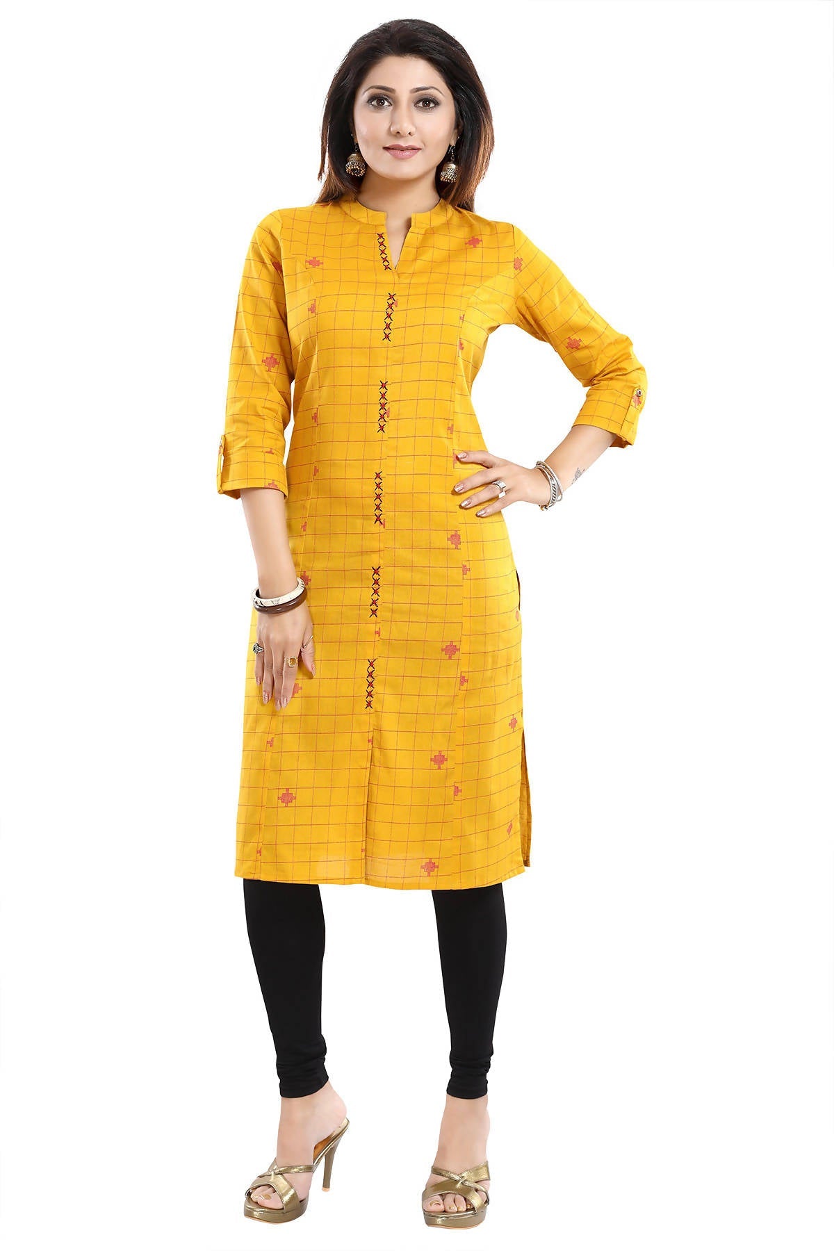 Snehal Creations Checkered Print Yellow Long Cotton Kurti
