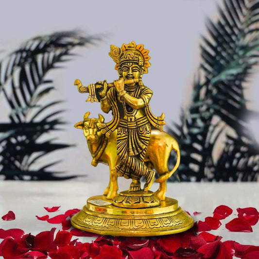 Gopala Krishna with Cow Brass Idol - Embrace Divine Abundance - Grab2buy
