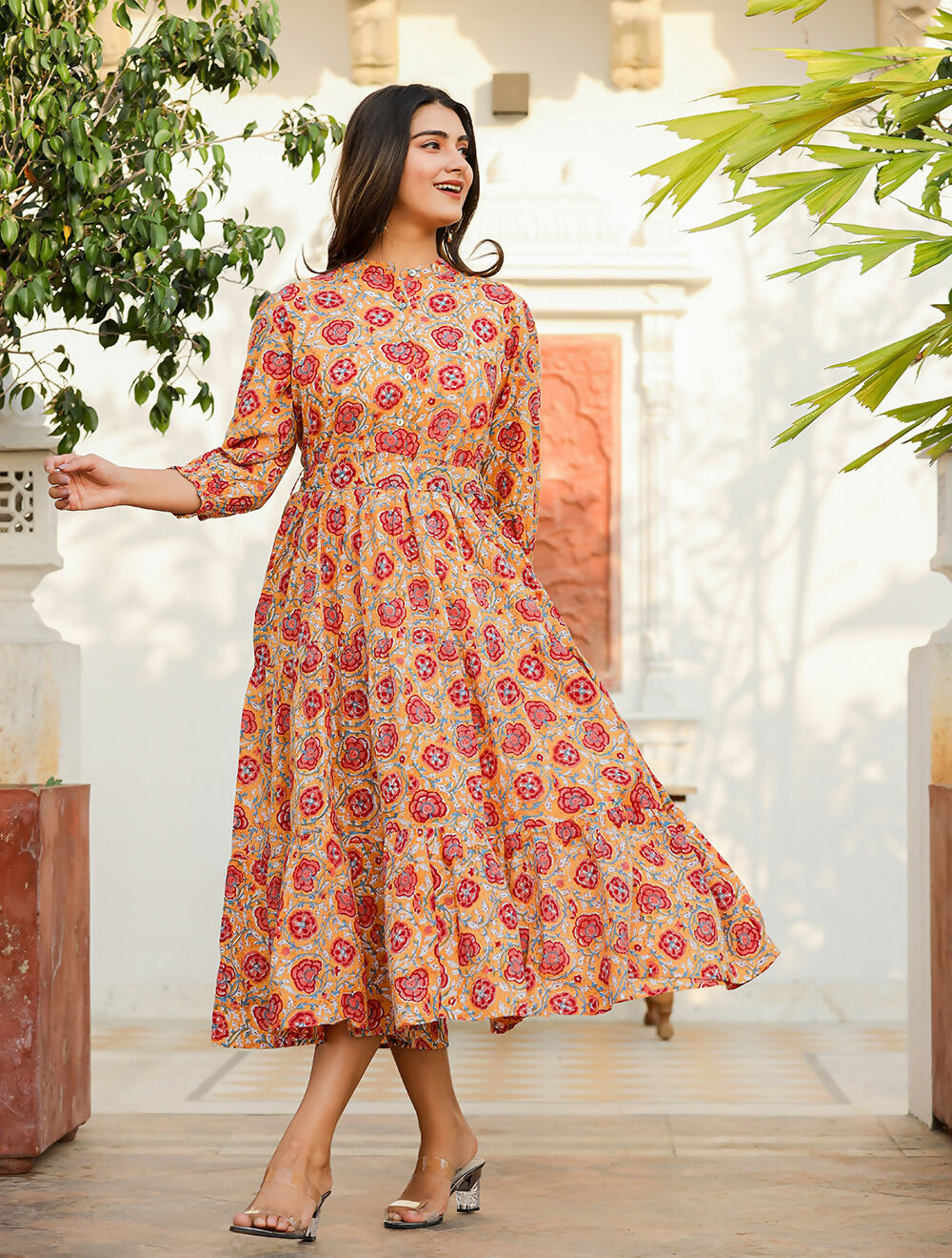 Kaajh Women's Yellow-Red Floral Hand Block Print Cotton Dress
