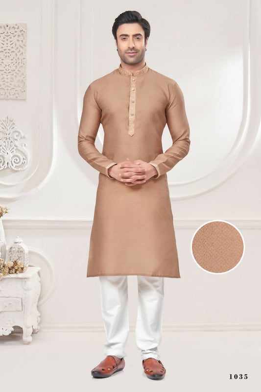Functional Designer Men's Cream Jacquard Kurta With Pant - Rudra