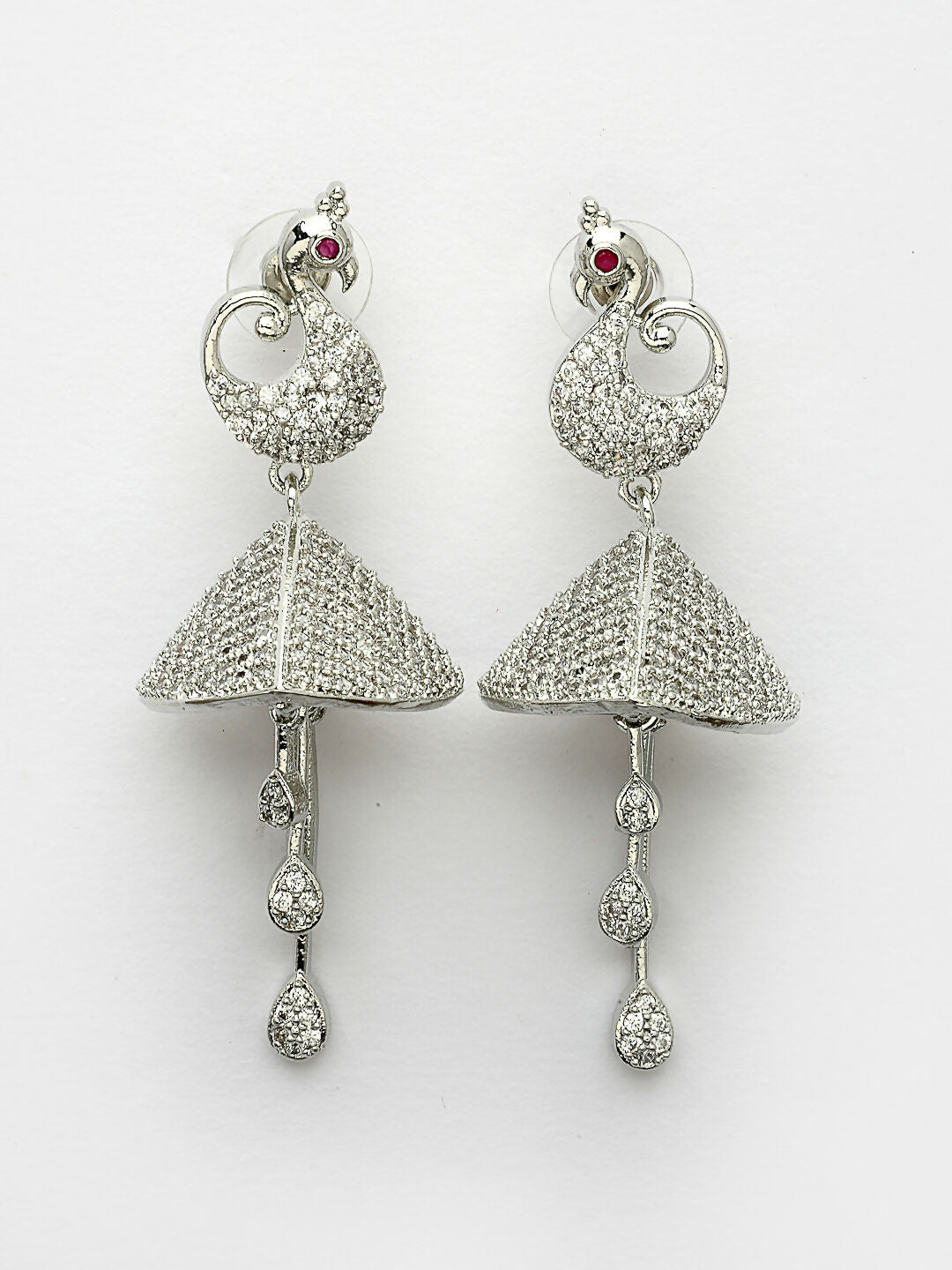 NVR Wome's Silver-Plated AD- Studded Peacock-Shaped Drop Earrings 