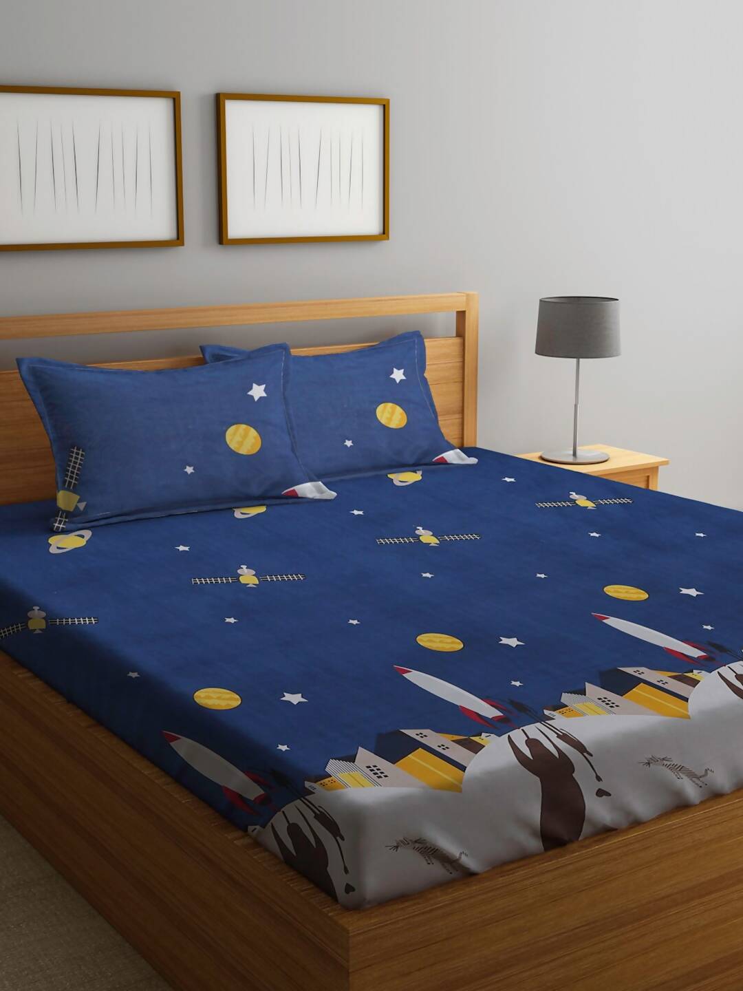 Home Sizzler Blue & Yellow Cartoon Characters 210 TC Bedsheet with Pillow Covers 