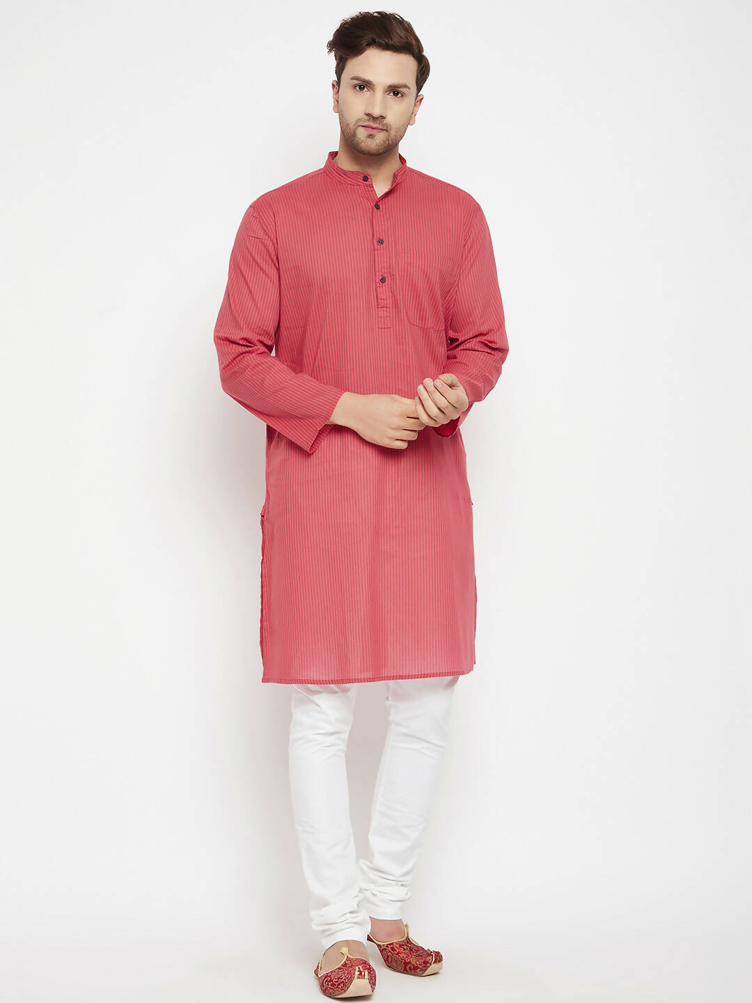 Even Apparels Rust Pure Cotton Long Men's Kurta With Band Collar 