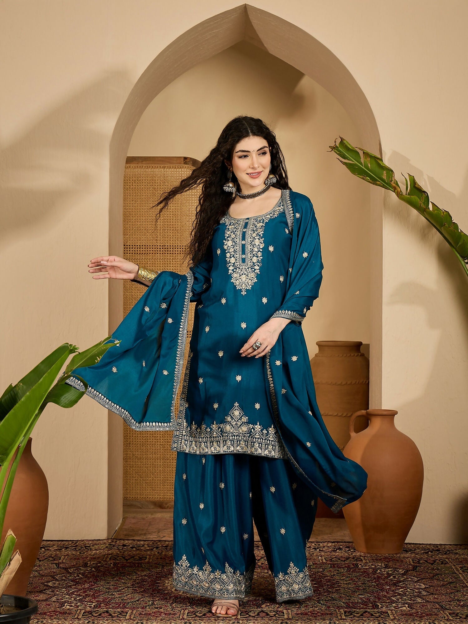Joban Fashion Embroidery Teal Chinon Silk Kurta Set