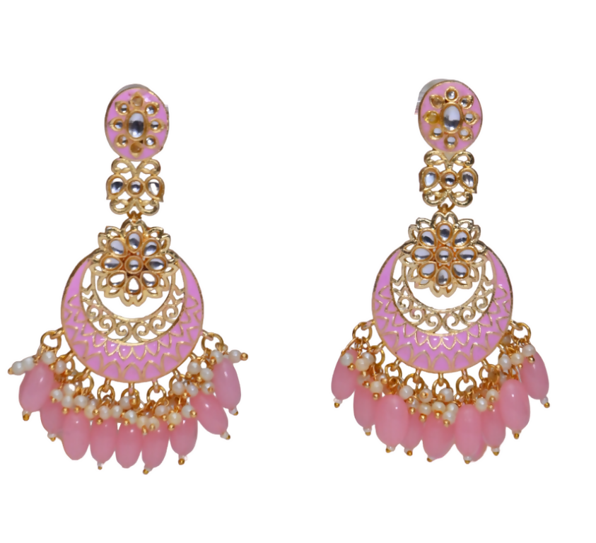 Pink Gold-Polished Beautifully Enamelled Stylish Kundan & Pearl Dangle Women Earrings|Meenakari Chandbali Traditional Ethnic Wear Earrings By House of Ree House of Ree