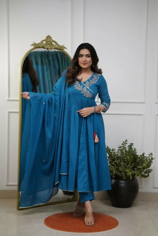 The52 Petrol Women's Beautiful Parampara Fabric Embroidered Work Flared Kurta Pant and Dupatta Set | Grab2Buy