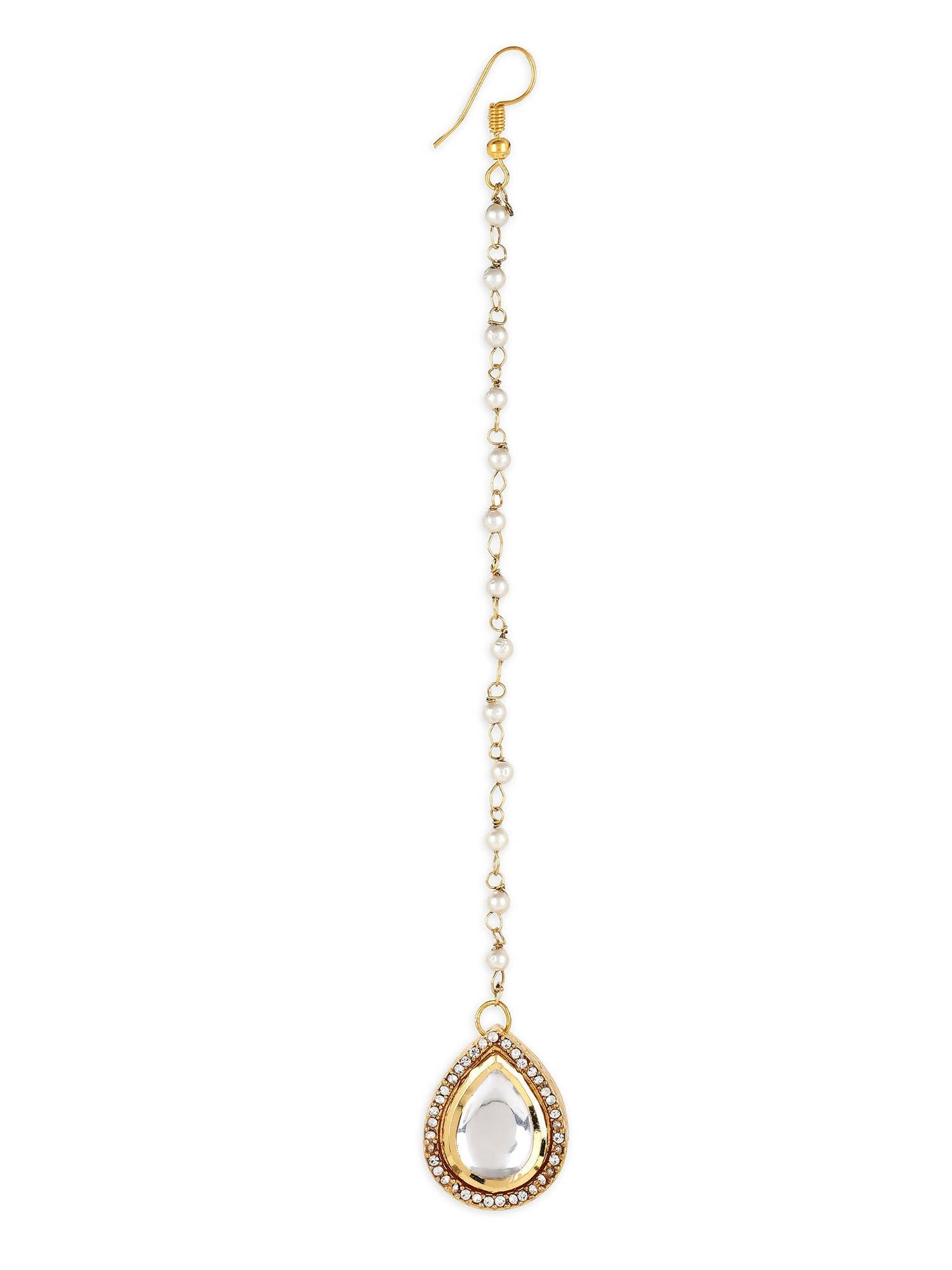 Gold-Plated White Kundan-Studded Pearl Beaded Maang Tikka - Ruby Raang - Grab2buy