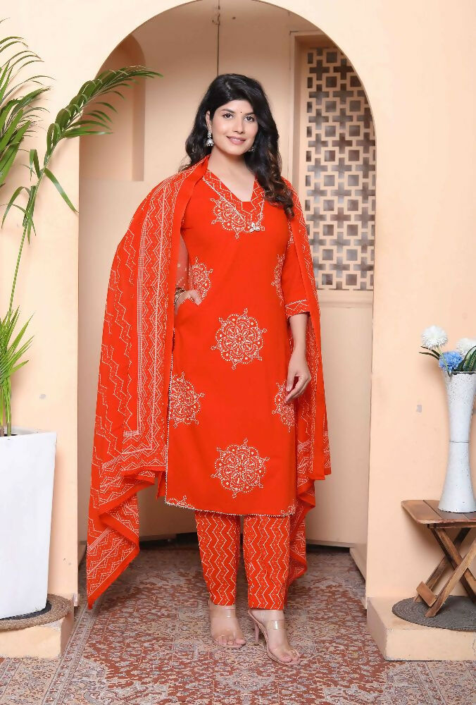 Miravan Womens Floral Printed Straight Fit Kurta With Palazzo And Dupatta - Orange