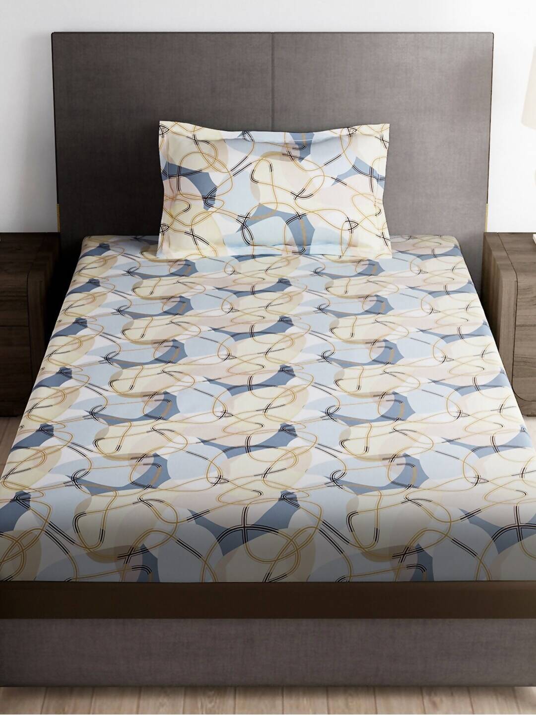 Story@home Arena Cream-Coloured & Grey Printed 180 TC Bedsheet & Pillow Covers 