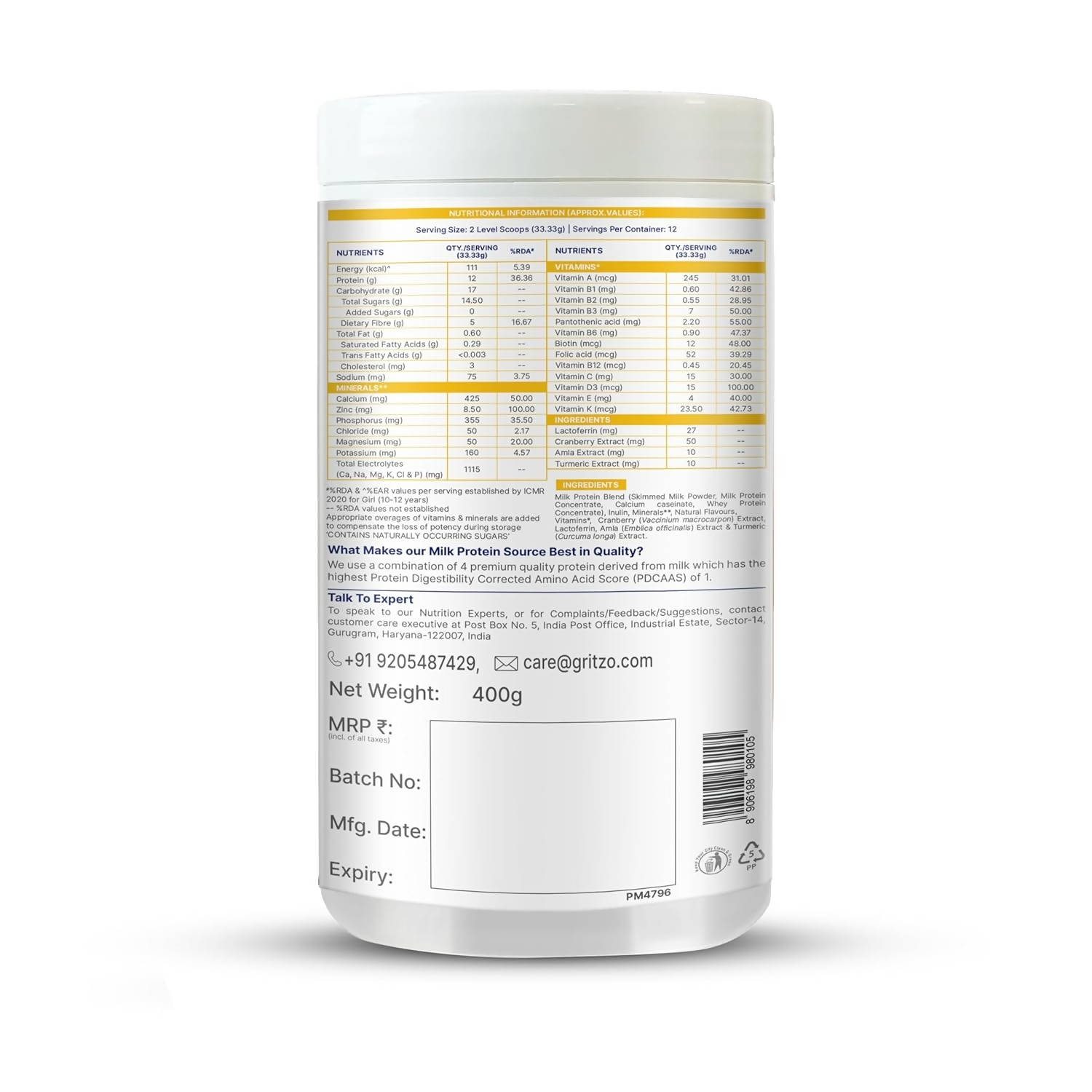 Gritzo SuperMilk Growth+ (Formerly Height+) Unsweetened Drink Mix (10-12y Girls), 12g Protein Powder Creamy Vanilla