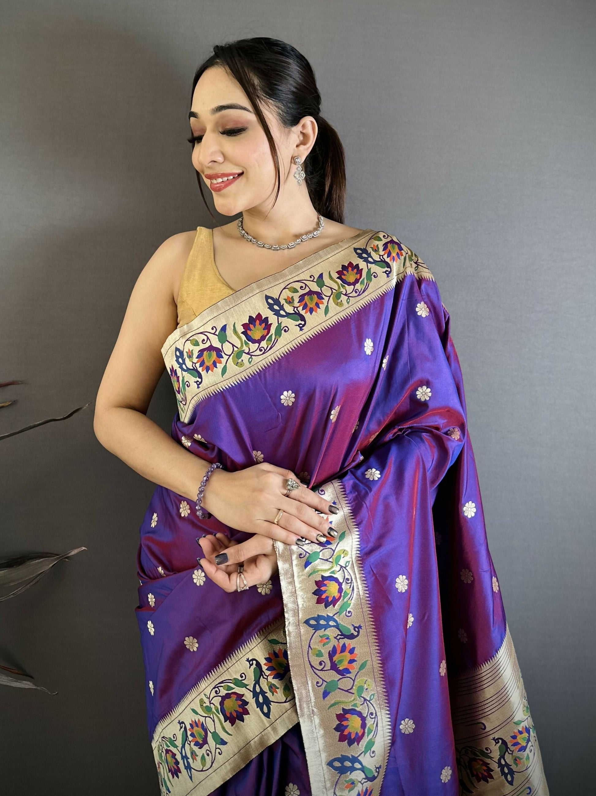 Prime Volt Premium Soft Silk Mayur Paithani Saree with Peacock Meena Weaving & Rich Pallu-Purple