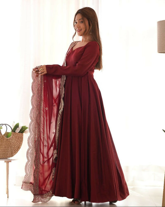 Joban Fashion Maroon Kurta Set Chanderi Sequence Embroidery Work 