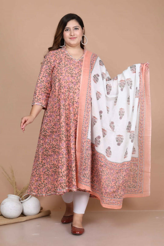 Miravan Women's Plus Size Surpassing Orange Partywear Floral Printed Anarkali Kurta Dupatta 