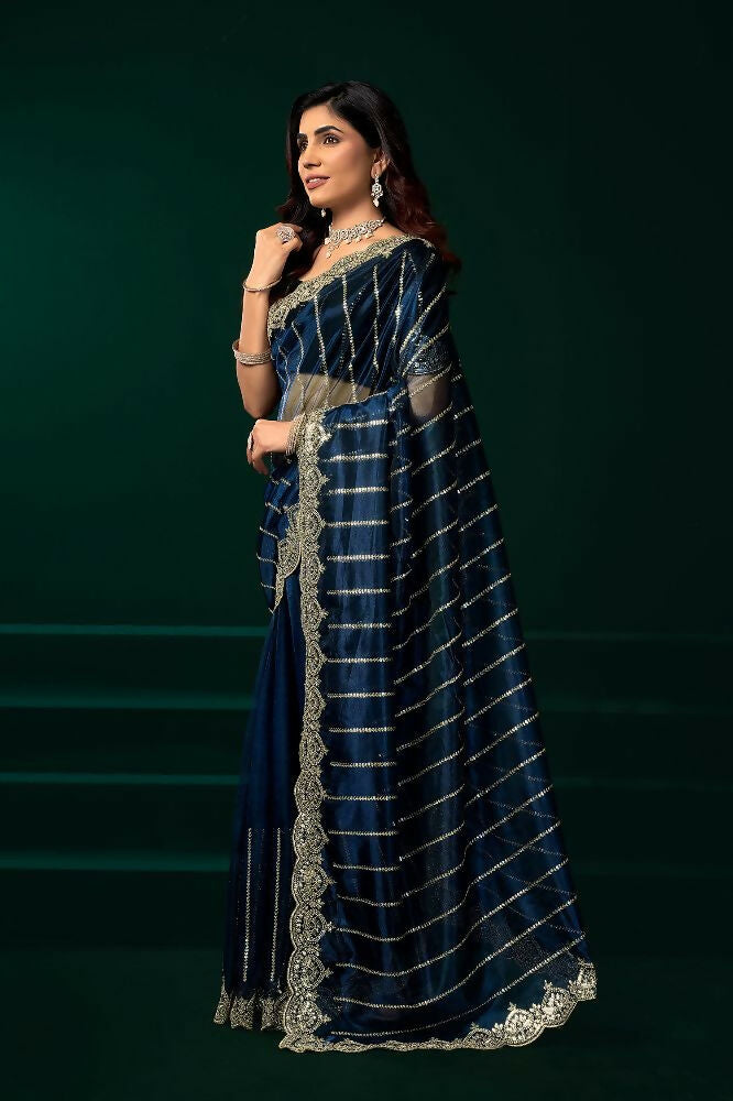 Joban Fashion Navy Blue Net Party Wear Sarees