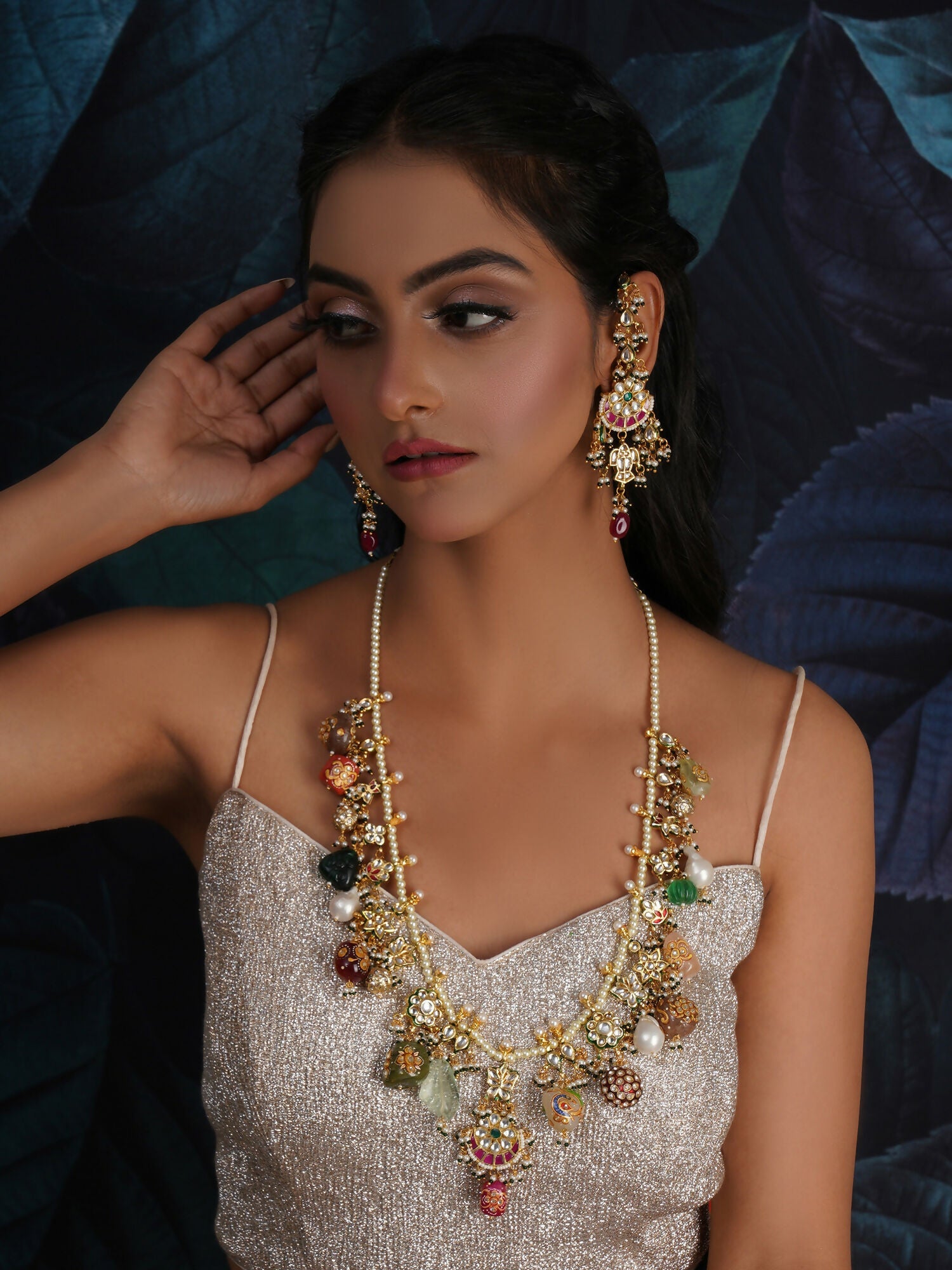 Long Kundan Neckpiece with Earrings with Multi Stones Jewellery Set (Gold) - Ruby Raang - Grab2buy