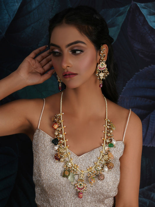 Long Kundan Neckpiece with Earrings with Multi Stones Jewellery Set (Gold) - Ruby Raang - Grab2buy