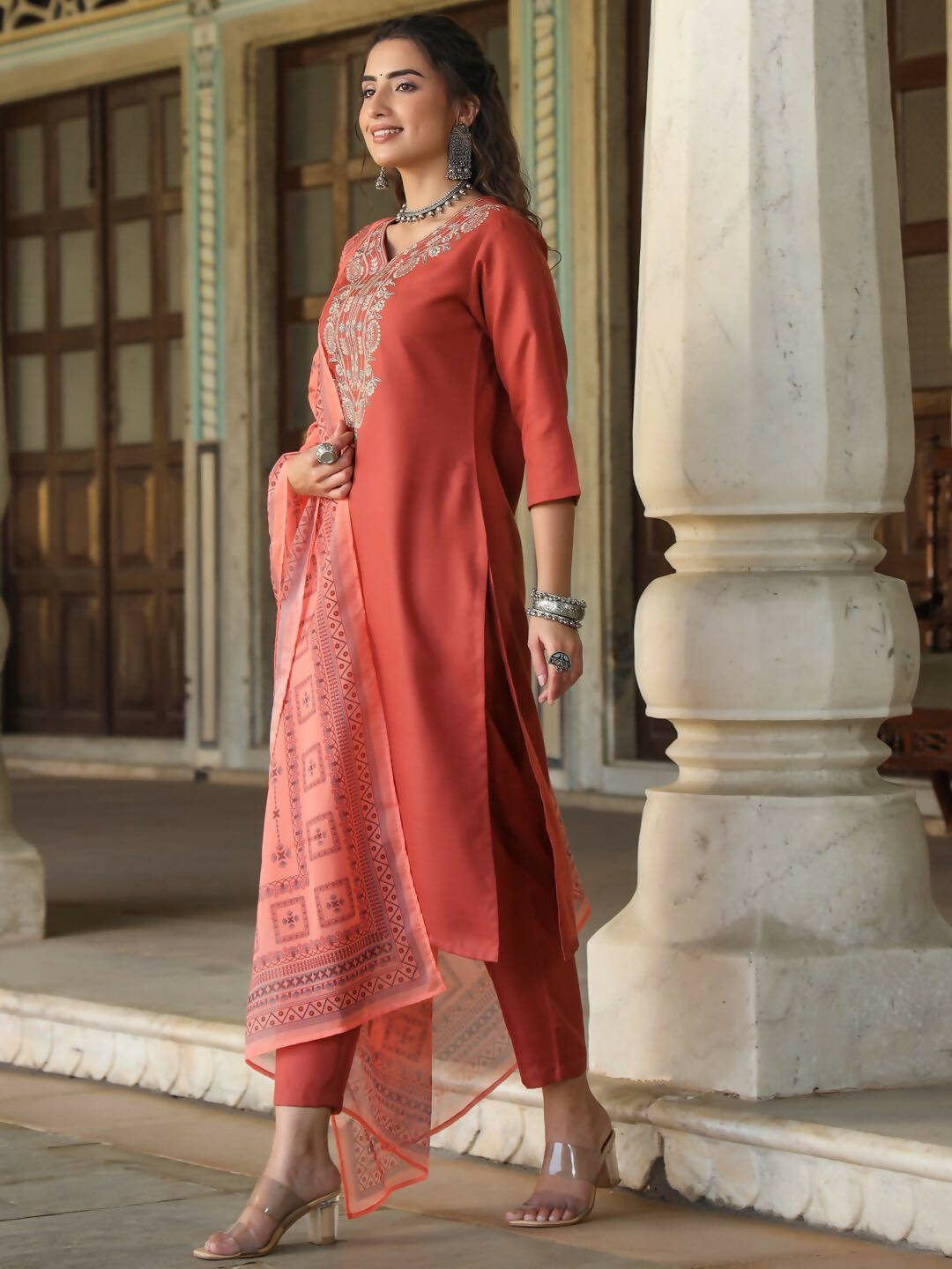 Juniper Women's Rust Silk Solid Embroidered Kurta Set