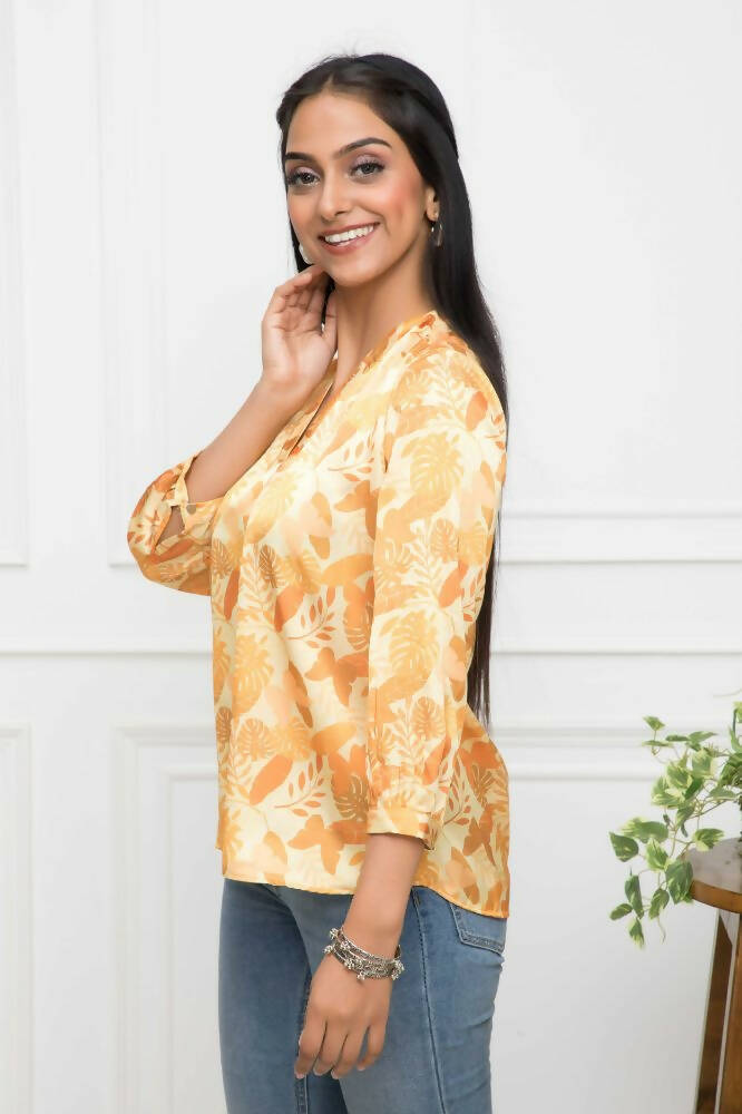Myshka Women Floral V-Neck Regular Sleeves Polyester Mustard Top