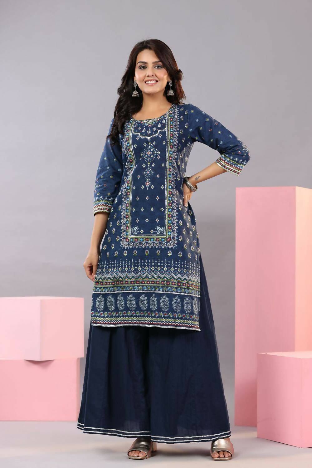 Juniper Women Indigo Cotton Cambric Printed Kurta, Palazzo and Dupatta Set