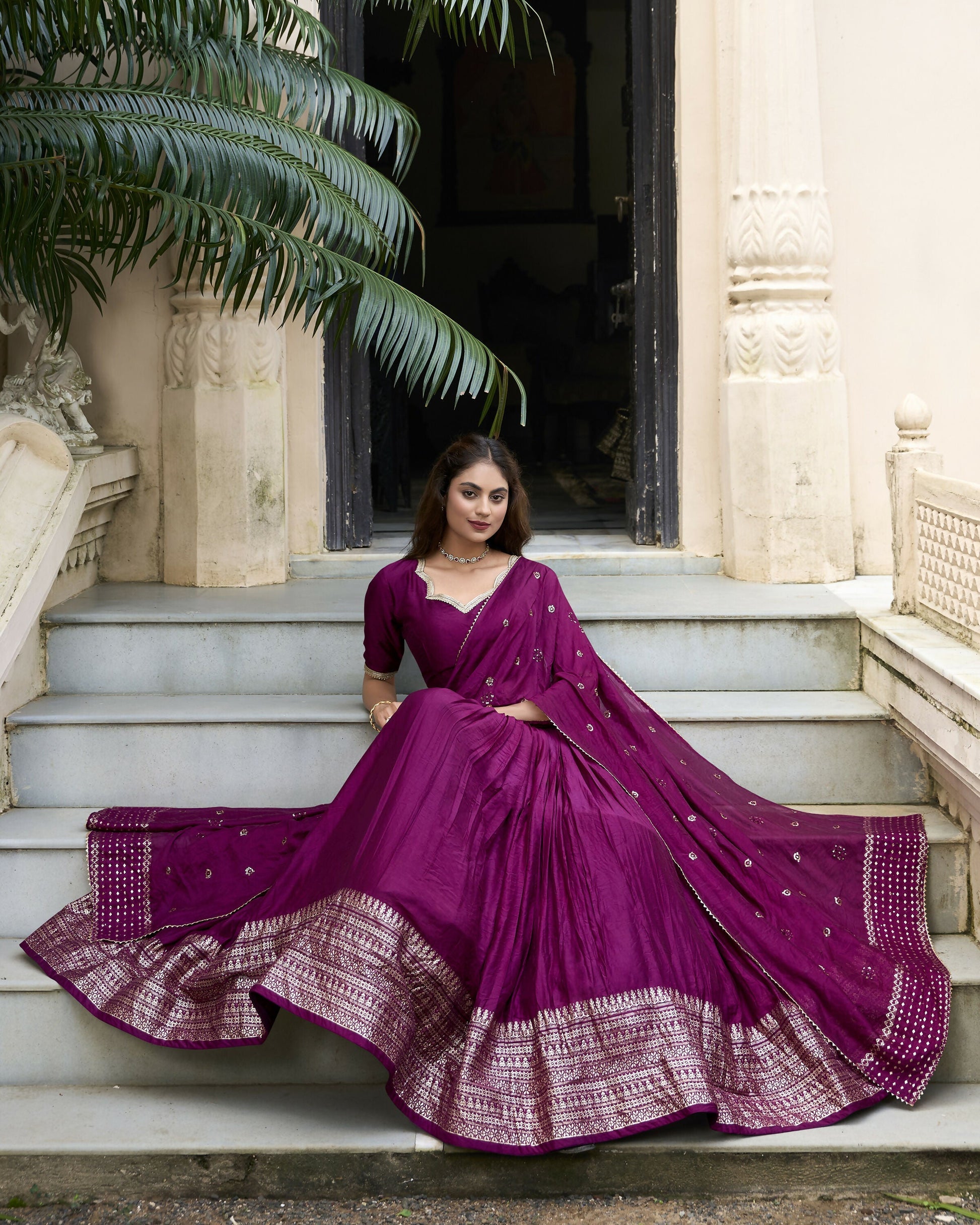 Lorenvalley Wine Pure Chanderi Plain With Zari Weaving Work Border Lehenga Choli 