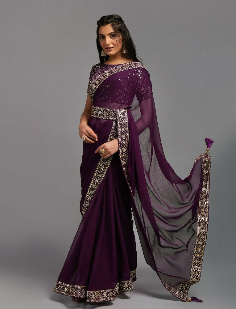 PR Fashion Wine Zometo Embroidery Lace Saree