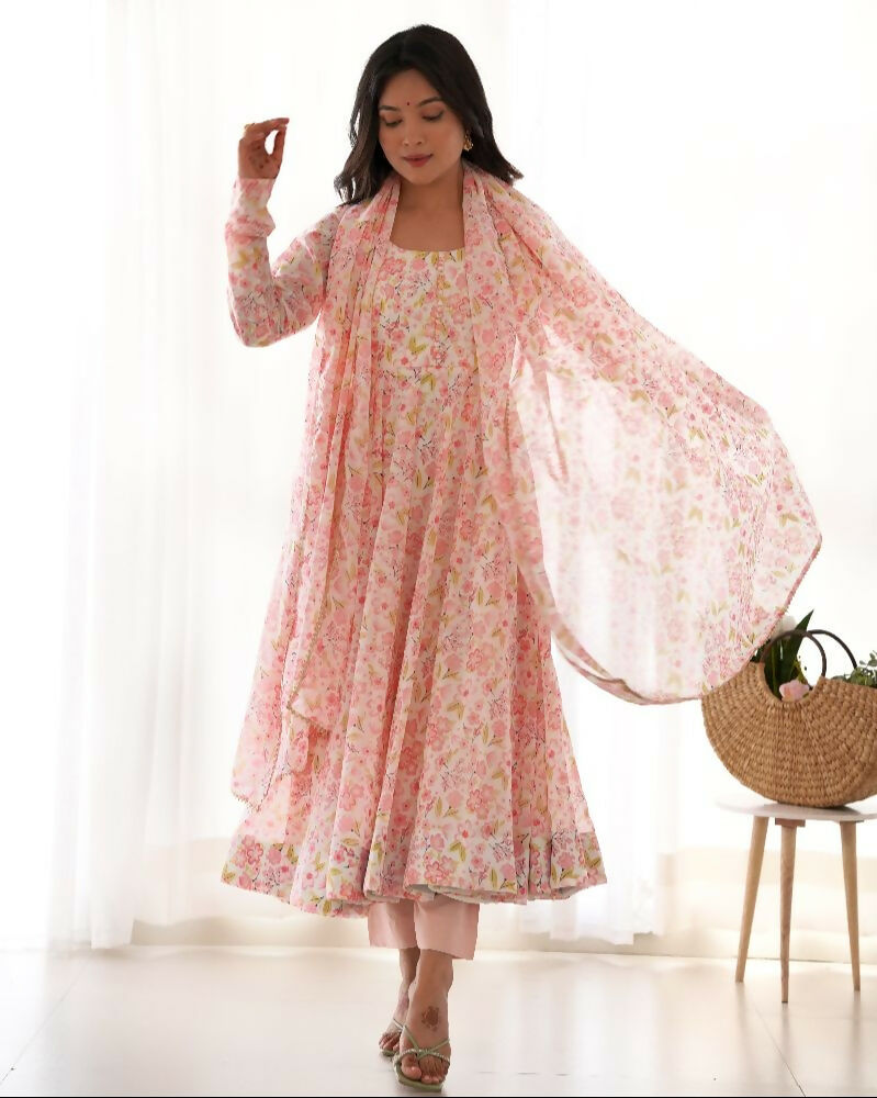 Joban Fashion Peach Kurta Set Organza Sequin Embroidery Work 