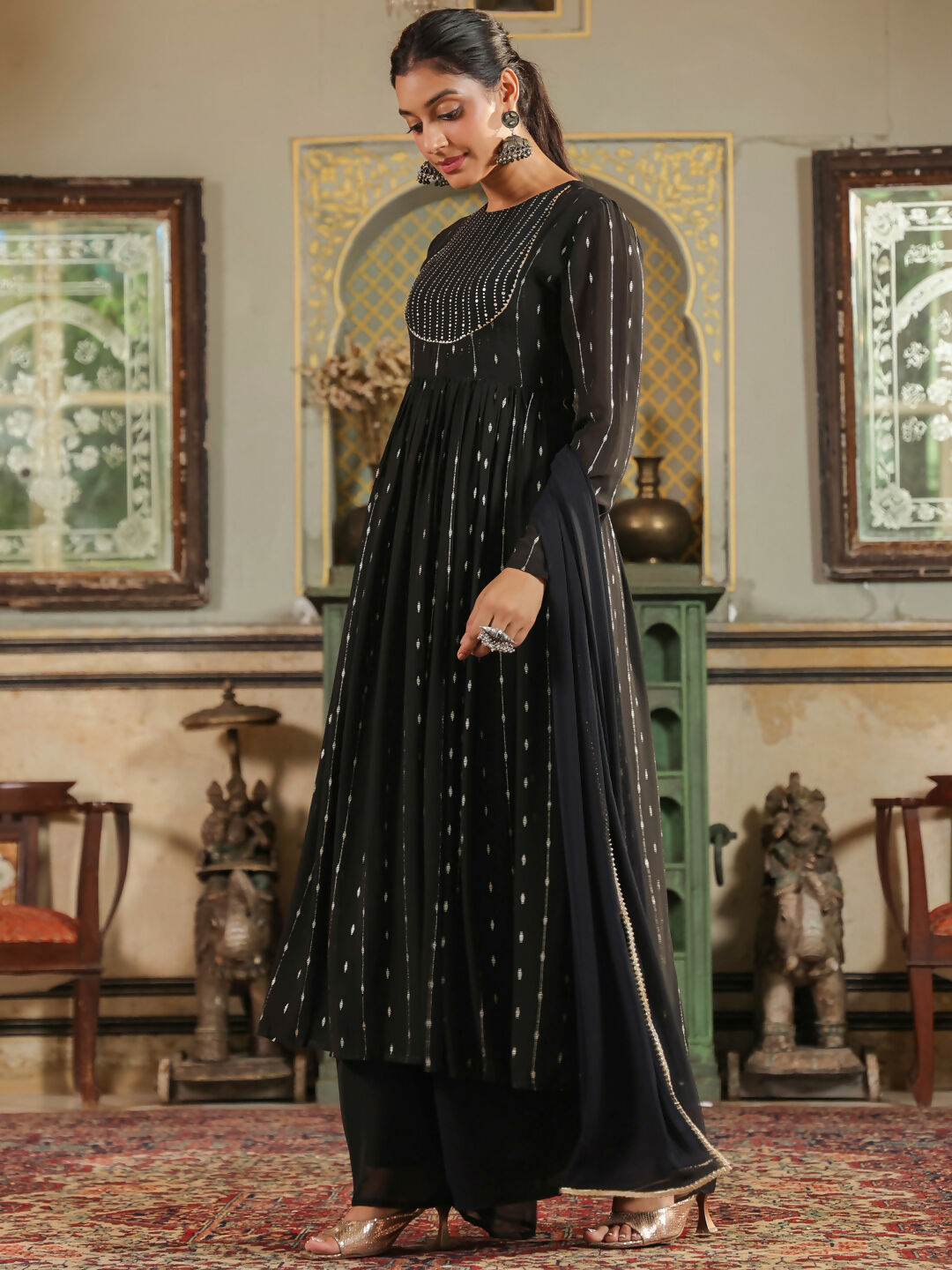 Janasya Black Georgette Foil Print Kurta,Bottom & Dupatta 