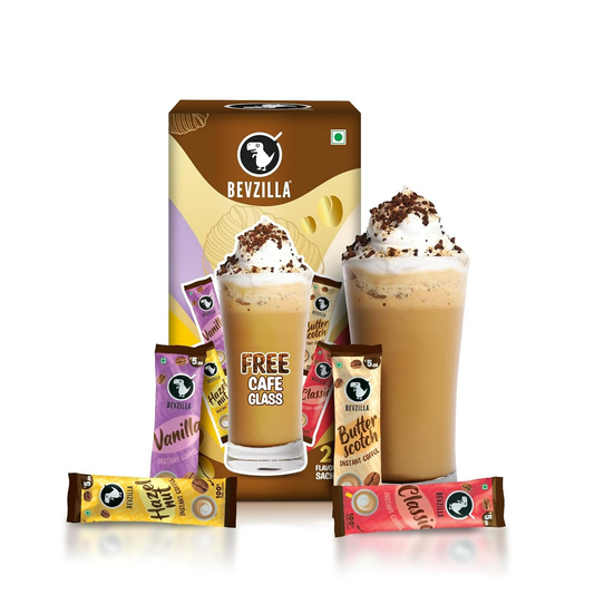 Bevzilla Premium Glass & 25 Flavoured Coffee Sachets 