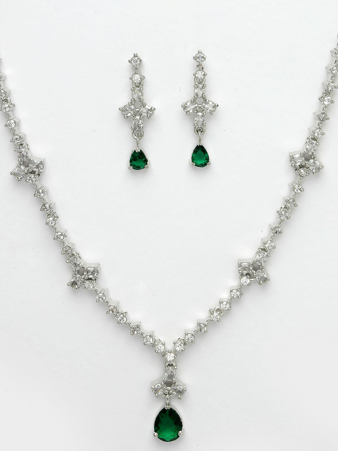 NVR Women's Silver-Plated Green American Diamond Studded Jewellery Set - Grab2buy