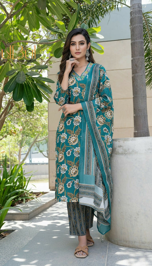 BulBul Fashionista Green Cotton Kurta Set with Dupatta