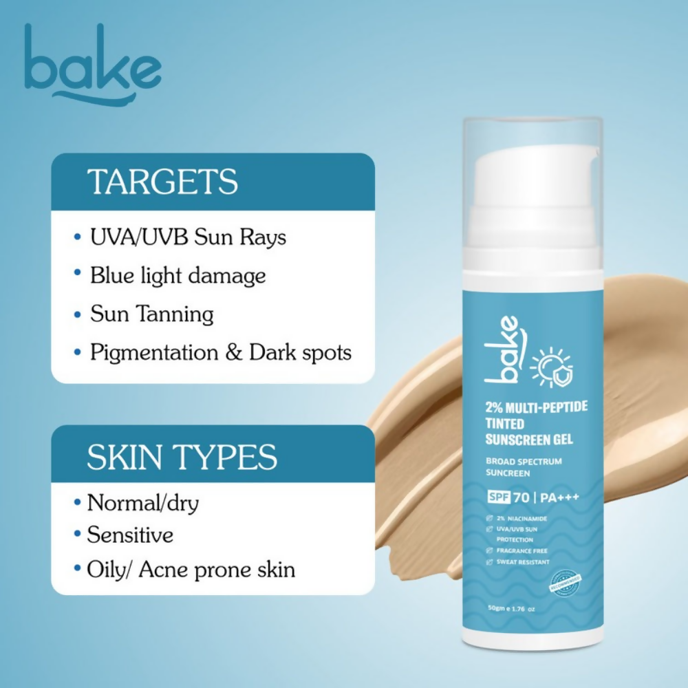 Bake 2% Multi Peptide Tinted Sunscreen Gel SPF 70 PA+++  Grab2Buy Bake Grab2Buy