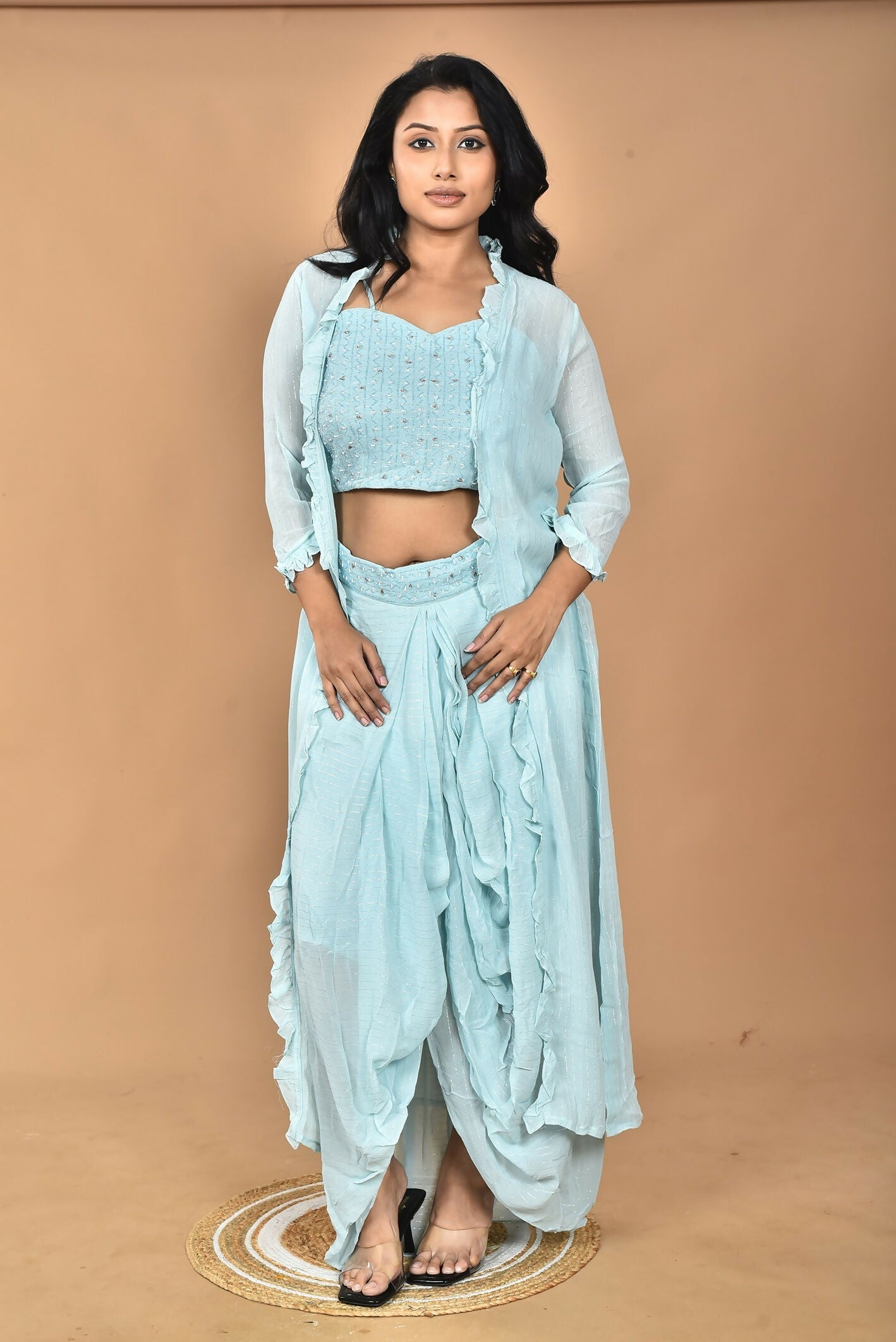 Morchari Women Hand Embroidery Crop Top-Sky | Grab2Buy