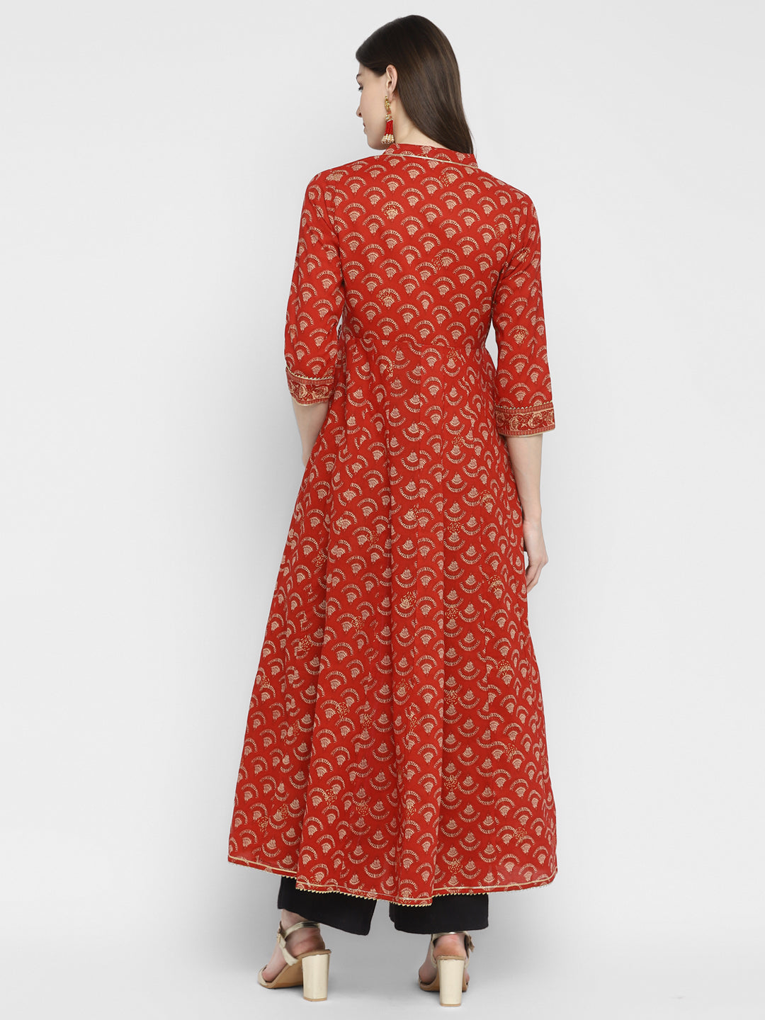 NOZ2TOZ Women's Embroidered & Printed Anarkali Cotton Red Kurta 