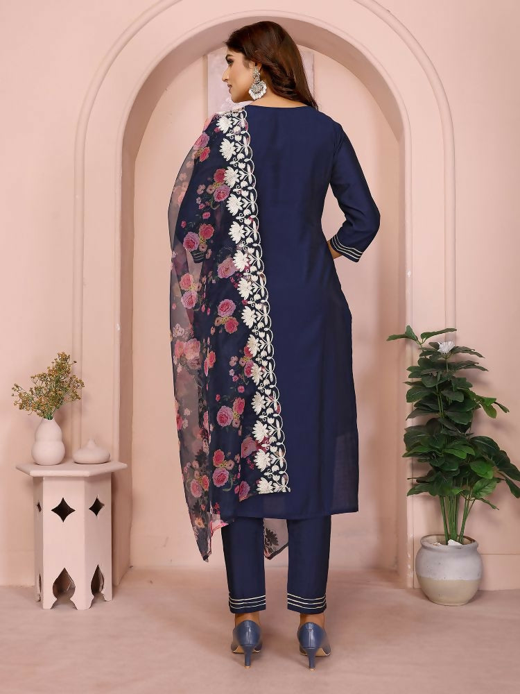 Joban Fashion Women Navy Blue Roman Embroidery Stitched Kurta Set
