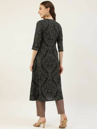 FIORRA Women's Black Printed Flared Cotton Kurta 