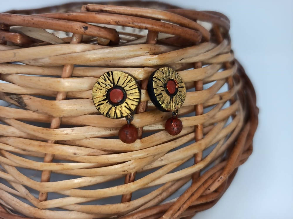 Terracotta Button Tops Ear Studs With Drops