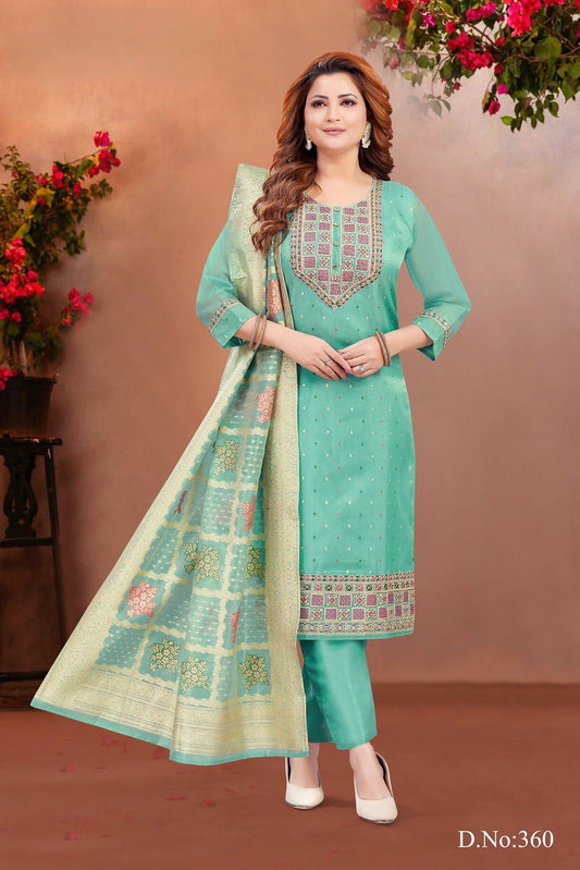 Joban Fashion Women Brocade Green Round Neck Emroidery Kurta Set