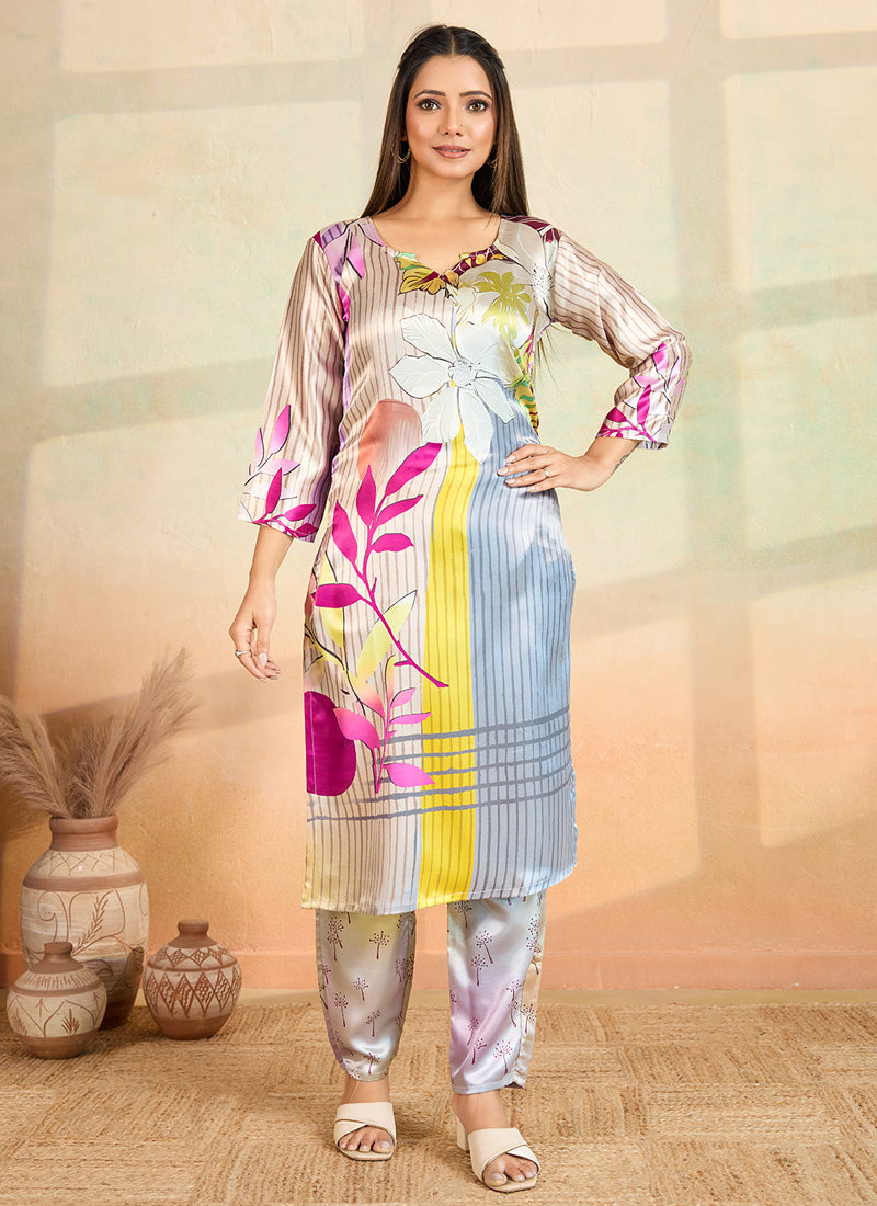 Prazu Fashion Multi Color Printed Cotton Reyon Kurta Pant Set
