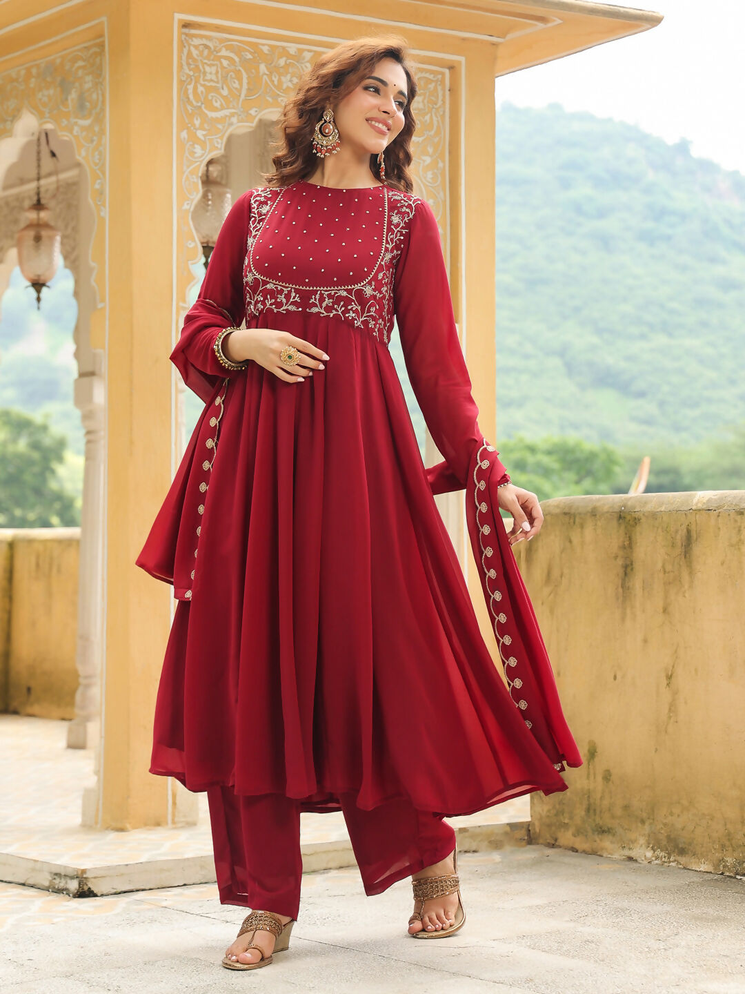 Janasya Maroon Georgette Embroidered Kurta,Bottom & Dupatta 