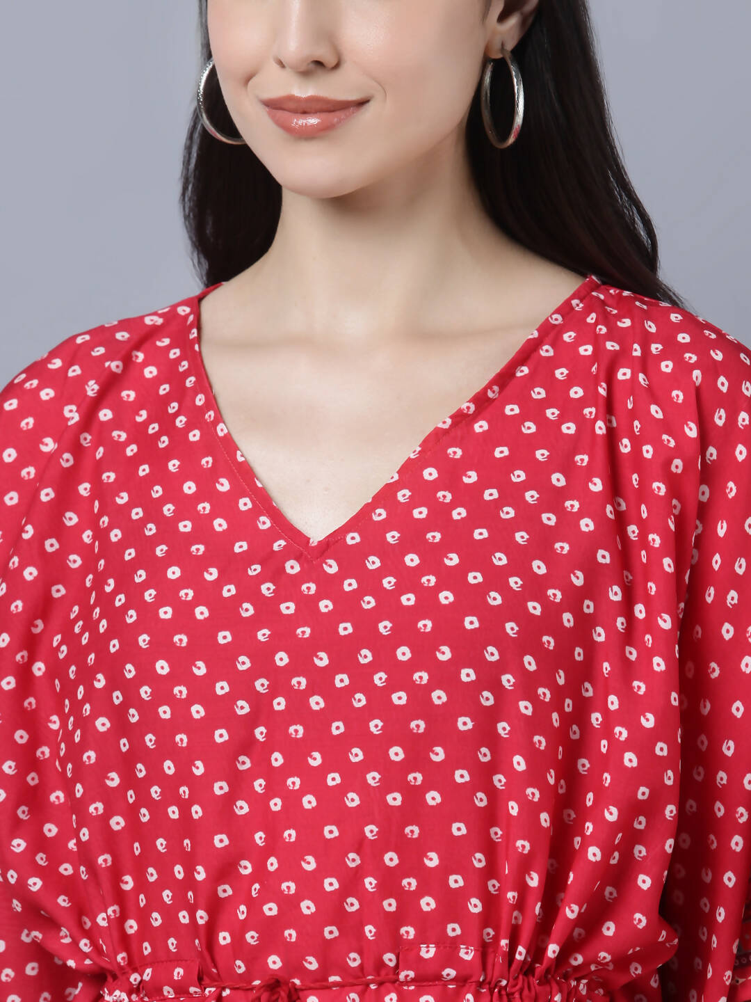 Myshka Women's Red White Ethnic Motifs Printed Kaftan Midi Dress