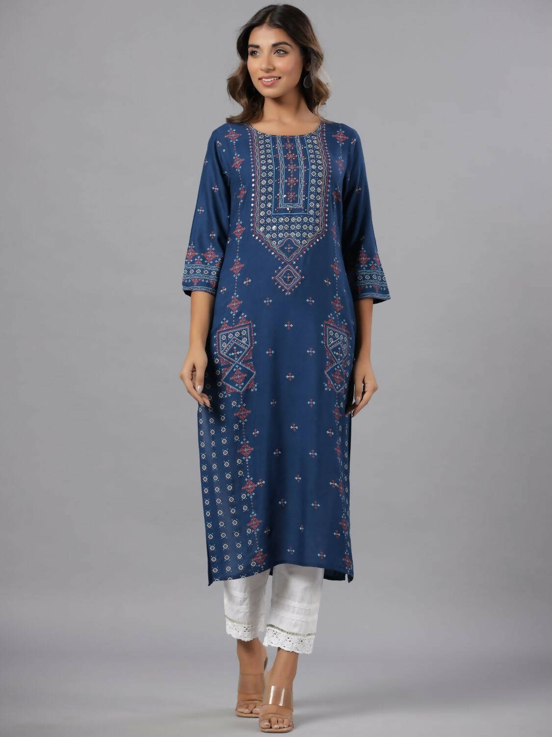 Juniper Women Navy Blue Printed Straight Kurta