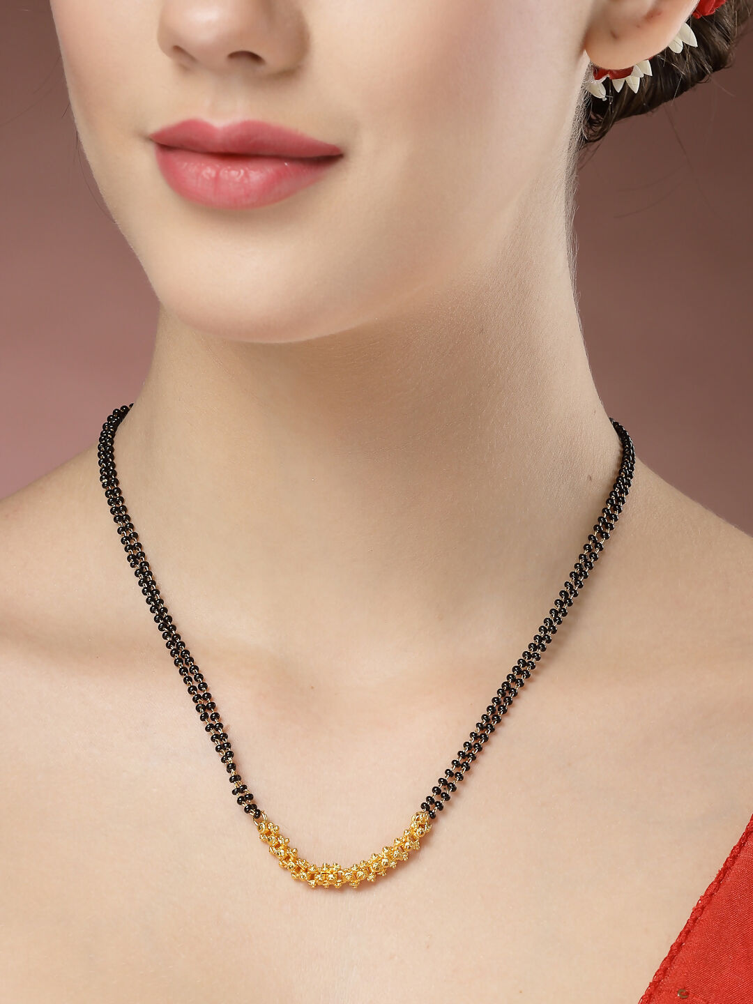 NVR Women's Set of 3 Gold-Polished CZ Stone-Studded & Beaded Mangalsutra 