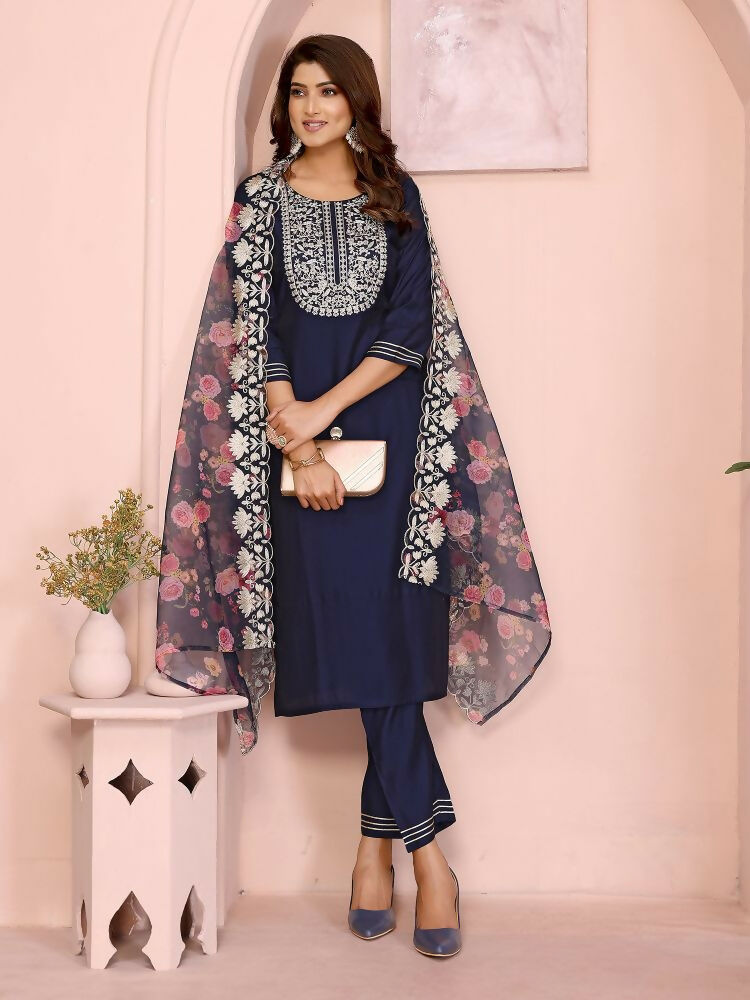 Joban Fashion Women Navy Blue Roman Embroidery Stitched Kurta Set