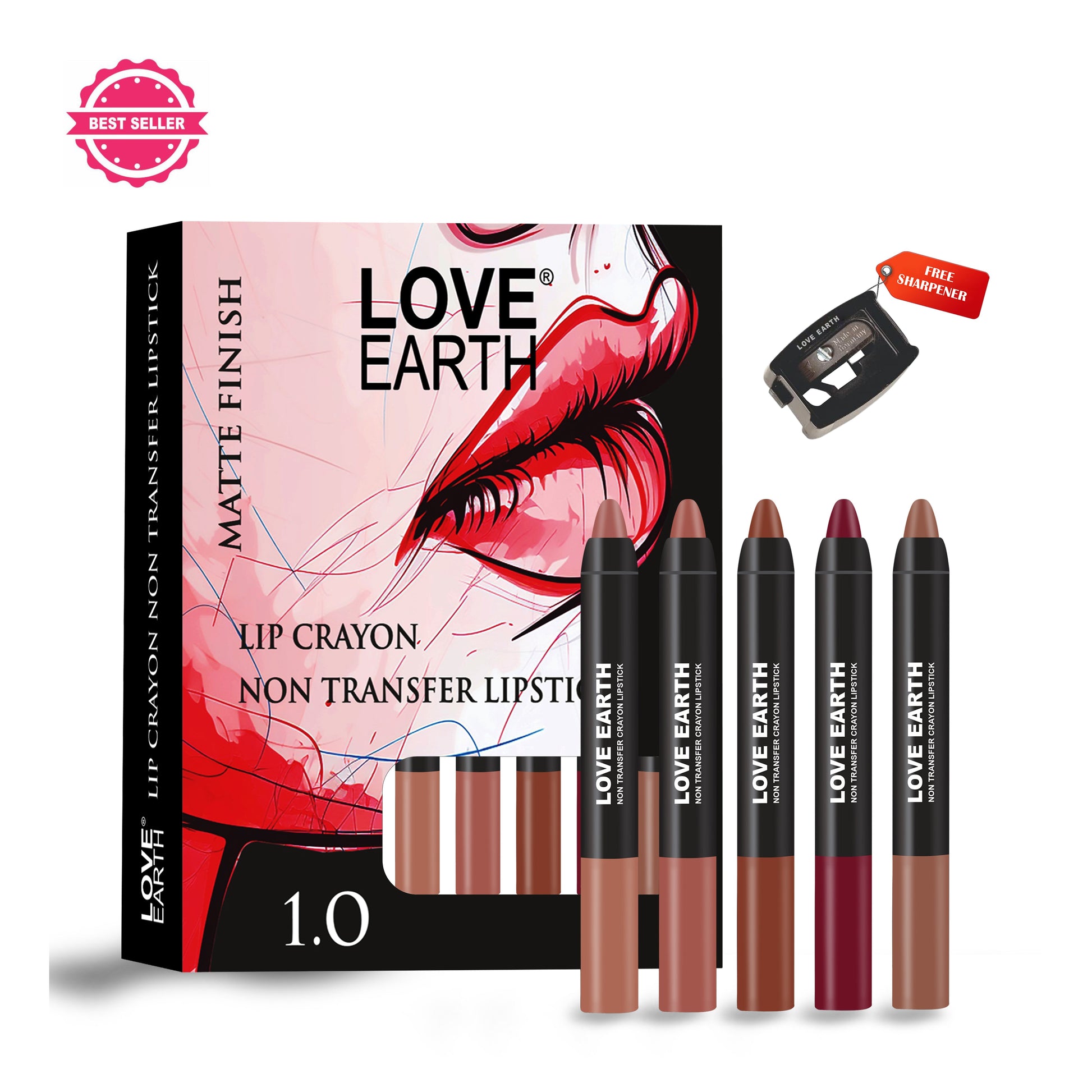 Love Earth Lip Crayon Non-Transfer Lipstick 1.O And Sharpener 