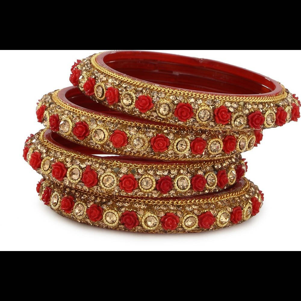 Afast Bridal Wedding & Party Fashionable Colorful Glass Bangle/Kada Set, Pack Of 4 - Red, Gold | Grab2Buy