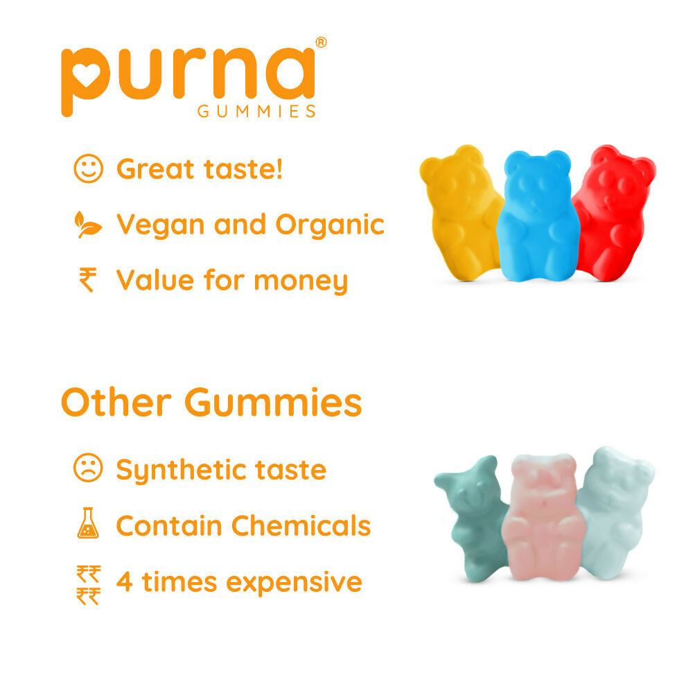 Purna Gummies Vitamin C Orange Gummies with Vitamin D3, and Zinc for Immunity & Clear Skin 