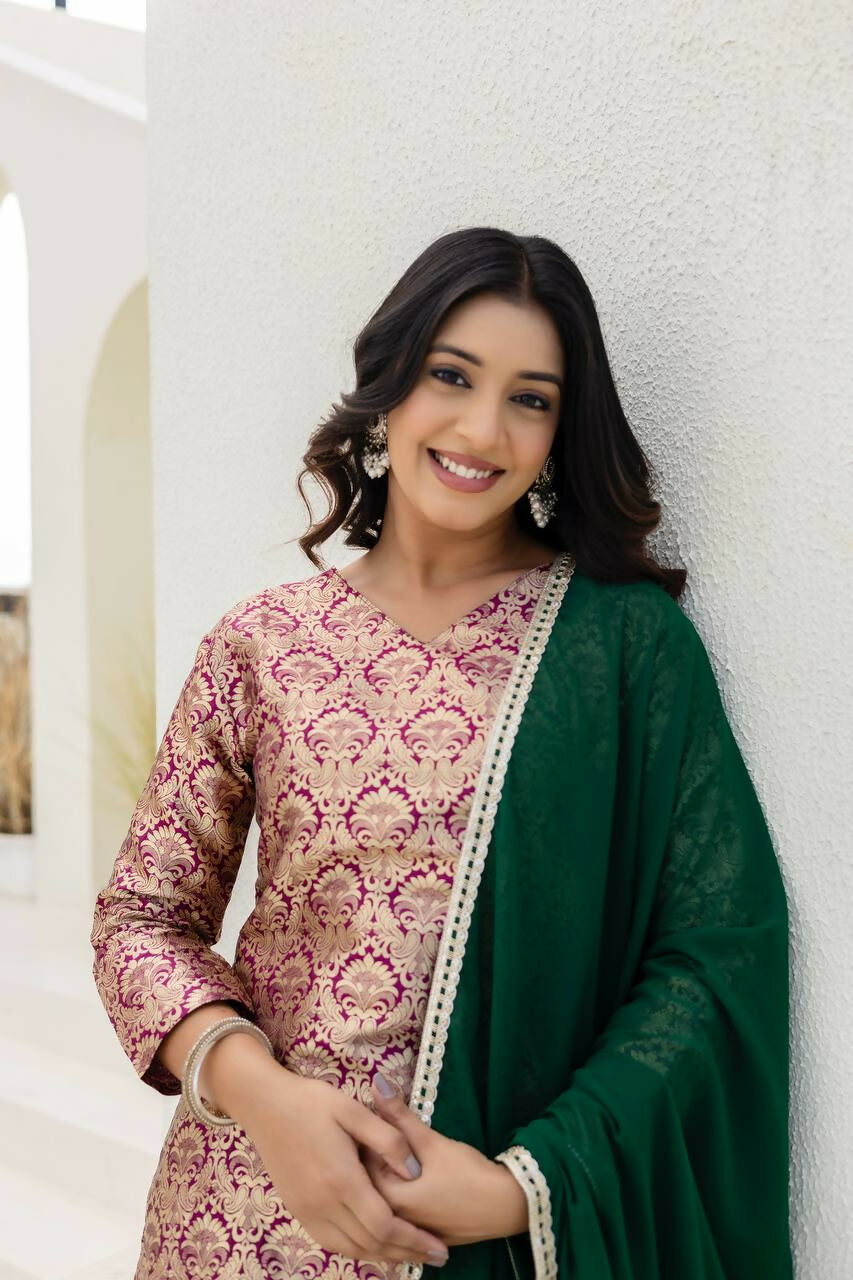 Joban Fashion Peach Jacquard Embroidered Sharara Set