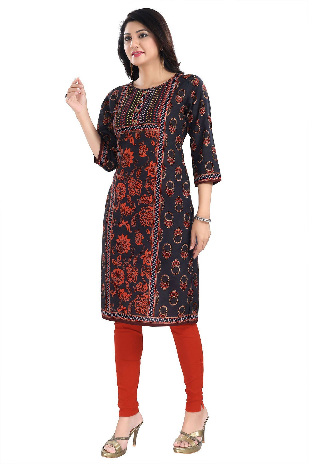 Snehal Creations Elegant Black Designer Digital Print Cotton Slub Fabric Long Kurti Tunic