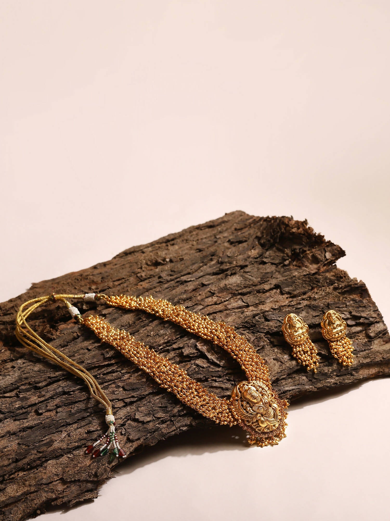 Gold-Plated Pearls Beaded Temple Jewellery Set - Ruby Raang - Grab2buy