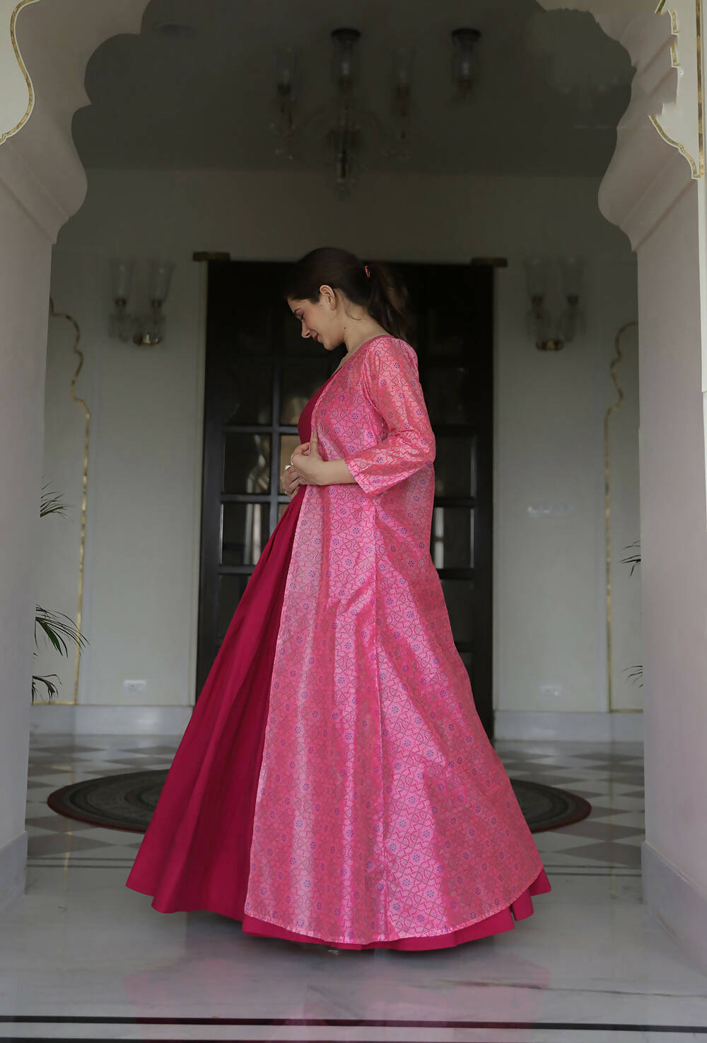Partywear Designer Digital print Pink Maslin Gown - Anbazaar - Grab2buy